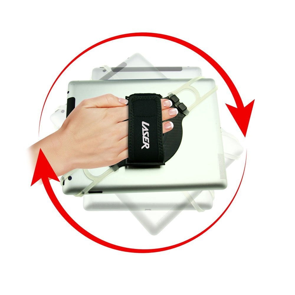Laser Tablet Holder with 360-Degree Swivel and Hand Strap (Black