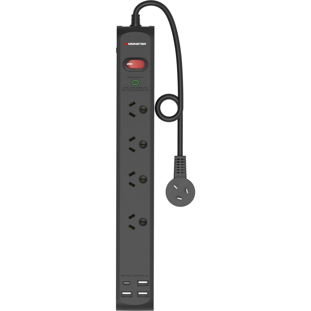 Monster USB 4 Port Surge Protector Power Board (Black) JB HiFi