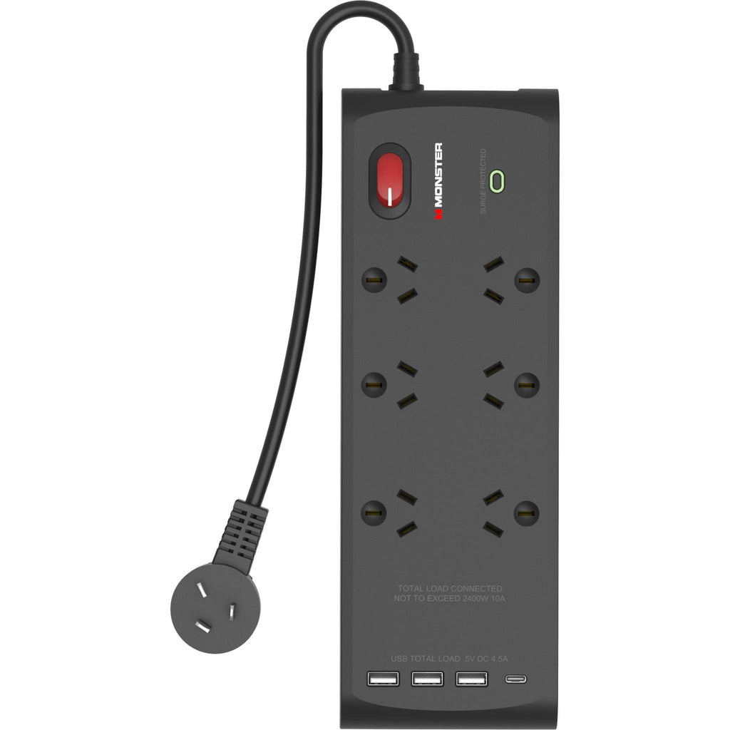 Monster USB 6 Port Surge Protector Power Board (Black) JB HiFi
