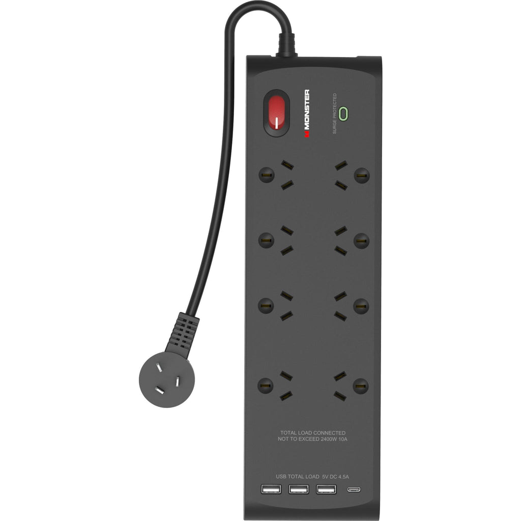 Monster USB 8 Port Surge Protector Power Board (Black) JB HiFi