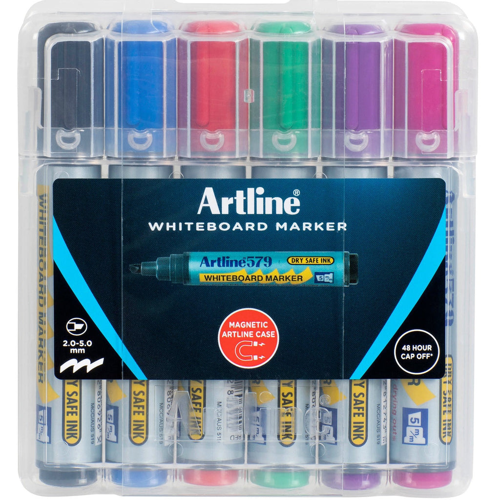 Artline Whiteboard-Marker Set, 6 Stück Sortiert – Keilspitze, Trockensichere Tinte. Für Whiteboards & Porzellan