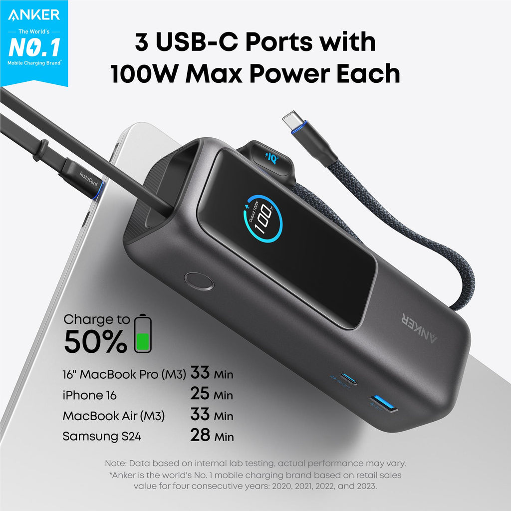 Anker 25K 165W Power Bank with Built-in Retractable Cables (Black