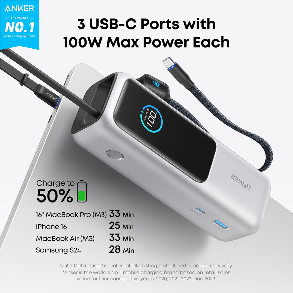 Anker 25K 165W Power Bank with Built-in Retractable Cables (Silver