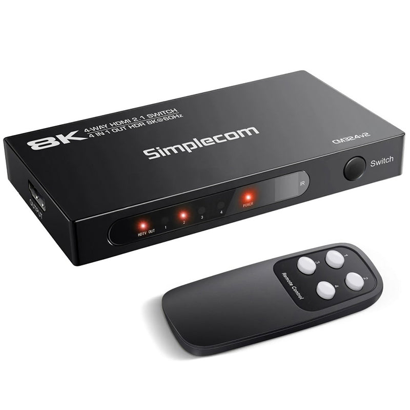 Simplecom 4-Port HDMI 2.1 Switch with Remote and 4 in 1 OUT
