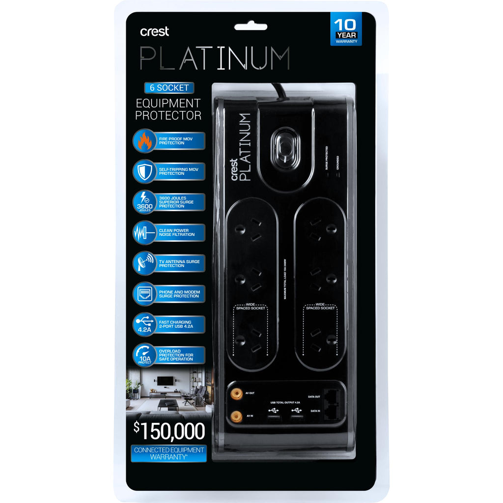 Crest Platinum 6 Socket 2 USB Equipment Protector w/ TV & Data