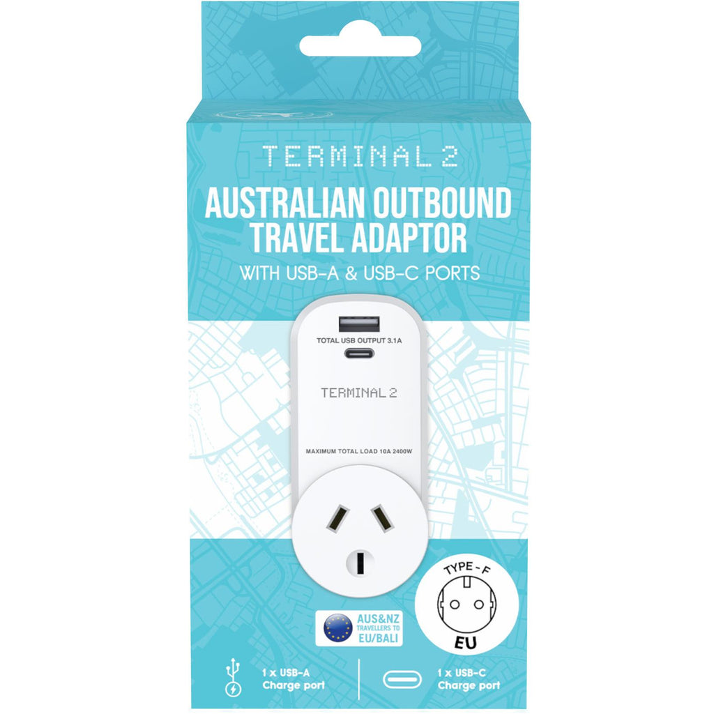 Terminal 2 Outbound Travel Adaptor with USBA and USBC Ports Europe
