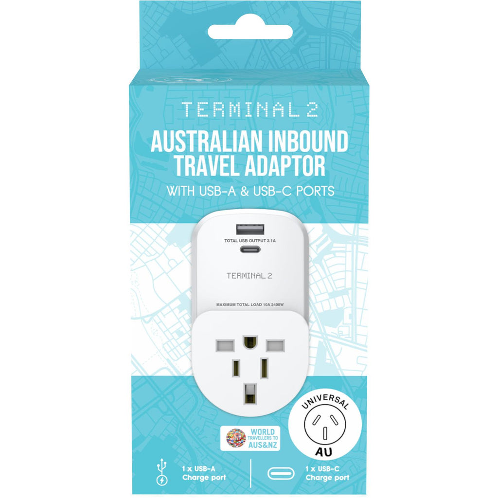 Terminal 2 Inbound Travel Adaptor with USBA and USBC Ports Australia
