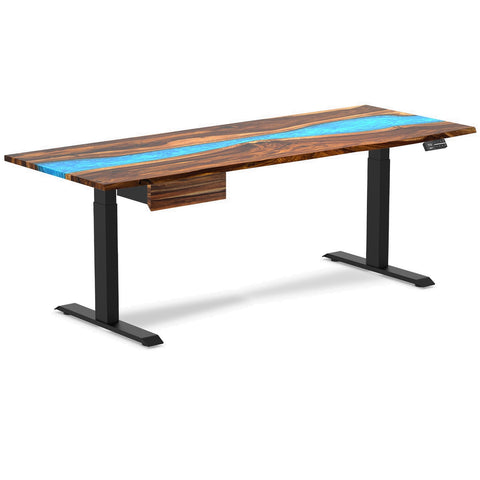 Desky Dual Resin Hardwood Standing Desk With Drawer 200cm Pheasantwood Blue River Desktop and Matte Black Frame