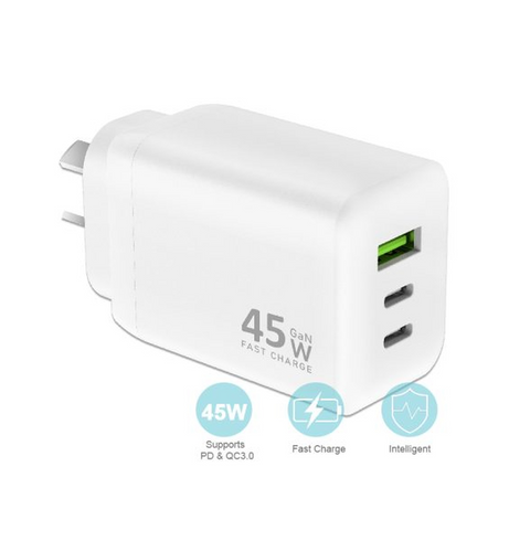 Sansai 45W GaN Wall Charger with 2 USB-C Ports & 1 USB-A Port
