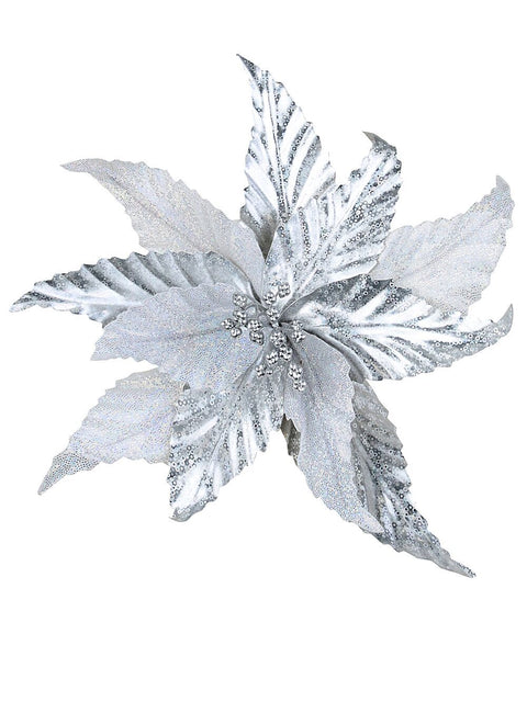 Christmas Warehouse - PICK2526 Silver Holographic & Iridescent Poinsettia Christmas Tree Clip Pick | 24cm Silver & Iridescent
