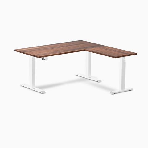 Desky Hardwood L-Shape Sit Stand Desk 150 x 155 cm Walnut Top and White Leg