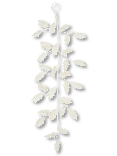 Christmas Warehouse - GARL2609 1.2m Pearl White Felt Holly Christmas Vine Garland Silver Glitter & Icicle Details White with Silver