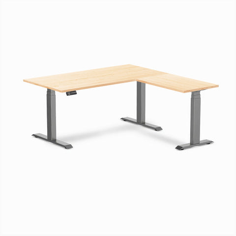Desky Hardwood L-Shape Sit Stand Desk 150 x 155 cm Maple / Space Grey Top and Space Grey Leg