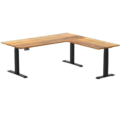 Desky Hardwood L-Shape Sit Stand Desk 180 x 175 cm Teak Top and Matte Black Leg