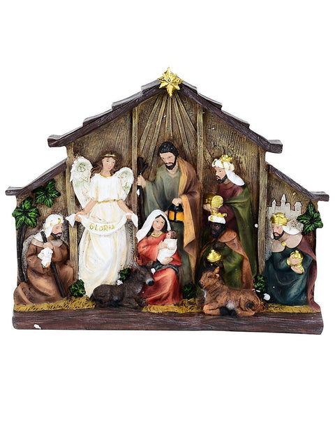 Christmas Warehouse - NATV7136 Bethlehem Nativity Scene Embossed Resin Ornament | 25cm Brown with Multi Colours