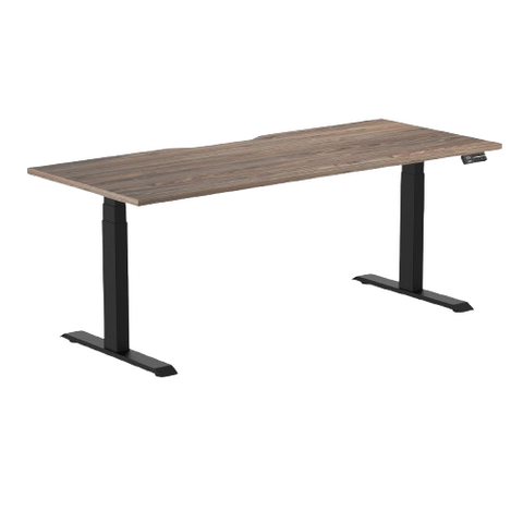 Desky Dual Scalloped Melamine Sit Stand Desk - Natural Walnut / 1800x750mm / Matte Black