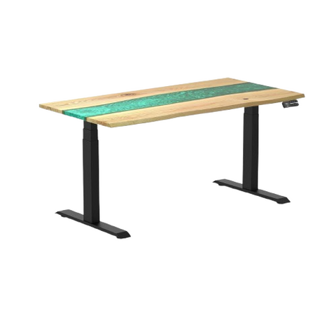 Desky Dual Resin Hardwood Sit Stand Desk 150cm White Ash Emerald River Desktop and Matte Black Frame