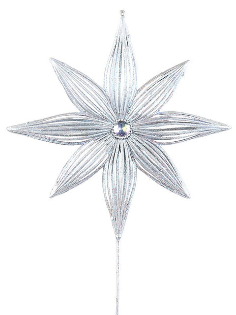 Christmas Warehouse - STEM2520 Matte Silver Wire Frame Look Christmas Star With Glitter Long Stem | 67cm Silver with Iridescent
