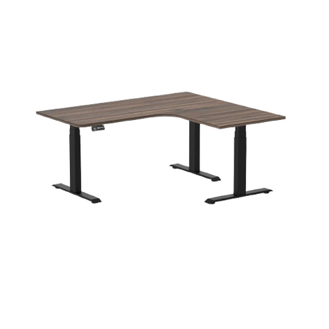 Desky L-Shape Melamine Sit Stand Desk 160cm - Left Return Jarrah Legno Top and Matte Black Leg