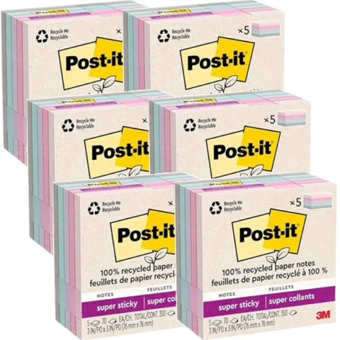 Post-It 654R-5SSNRP Recycled Super Sticky Notes 76x76mm Wanderlust Pastels Collection 30 Pads Pack