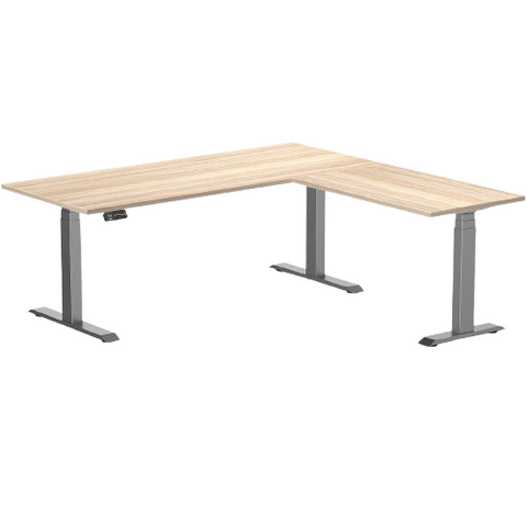 Desky Eco L-Shape Melamine Sit Stand Desk 180 x 175 cm Classic Oak Top and Space Grey Leg