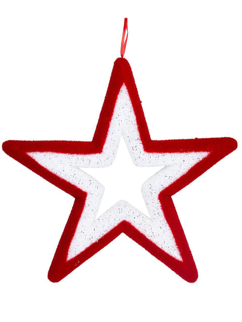 Christmas Warehouse - DECRH062 Red & White Flocked Large Hollow Star Tinsel Plaque Ornament | 50cm Red & White with Silver