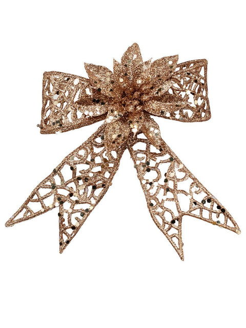 Christmas Warehouse - PICK2028 Rose Gold Mesh Poinsettia Flower & Ribbon Christmas Bow Clip Pick | 13cm Rose Gold