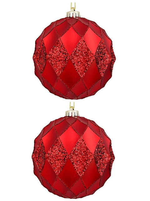 Christmas Warehouse - DECR9136 2x Dynamic Red Grand Diamond Textured Glitter Baubles | 15cm Red
