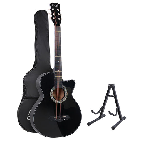 Alpha 38" Acoustic Guitar Wooden Body Steel String Full Size with Stand Black