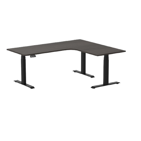 Desky L-Shape Melamine Sit Stand Desk 180cm - Right Return Black Top and Matte Black Leg