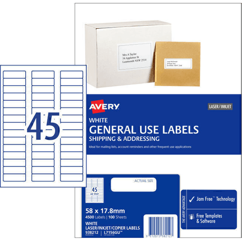 Avery 938212 L7156 General Use Laser Inkjet Labels 45/Page (White) [Pack 100]