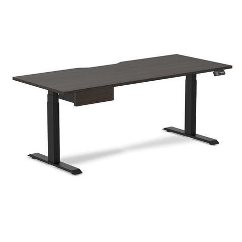 Desky Dual Scalloped Melamine Standing Desk With Drawer - Burnished Wood / 1800x750mm / Matte Black