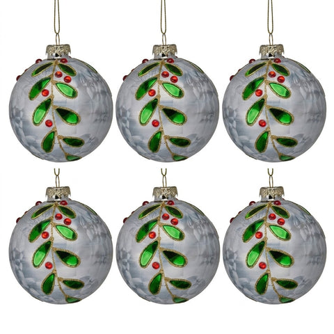 Christabelle 6 White Glass Christmas Baubles Green Jewel Leaf 8cm Xmas Tree Decorations Hanging Ornaments Gift Boxed Set