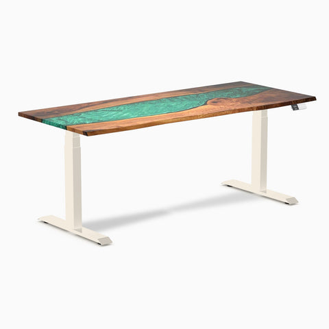 Desky Dual Resin Hardwood Sit Stand Desk 180cm Natural Walnut Emerald River Desktop and Wheat Frame