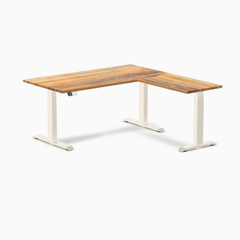 Desky Hardwood L-Shape Sit Stand Desk 150 x 155 cm Teak / Wheat Top and Wheat Leg
