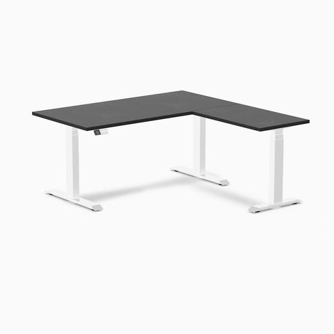 Desky Hardwood L-Shape Sit Stand Desk 150 x 155 cm Black Ash Top and White Leg