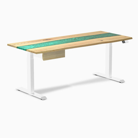 Desky Dual Resin Hardwood Standing Desk With Drawer 180cm White Ash Emerald River Desktop and White Frame