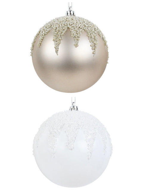 Christmas Warehouse - DECR9144 2x Opulent White & Champagne Signature Beaded Icicle Baubles | 10cm White & Champagne