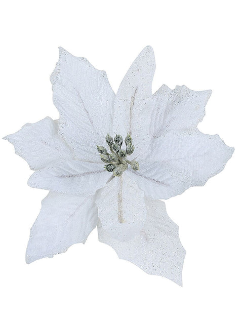 Christmas Warehouse - PICK1526 White Fabric & Glitter Bracts Poinsettia Christmas Tree Stem Pick | 14cm White with Green & Yellow