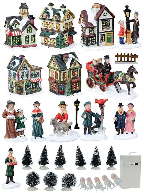 Christmas Warehouse - ORNMV107 24 Piece Christmas LED Village Set With Bakery, Shop, Homes & Townsfolk Classic Palette