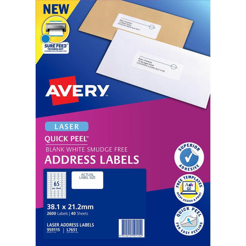 Avery L7651 Quick Peel Laser Address Labels - 65/Sheet, 40 Sheets