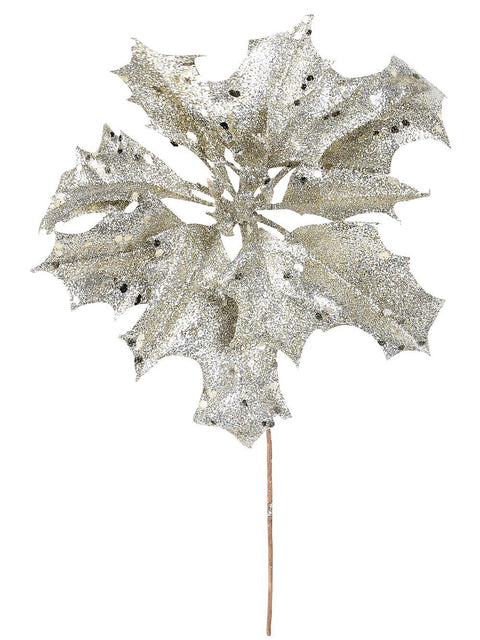Christmas Warehouse - PICK1838 Champagne Holly Leaf Flower Christmas Tree Stem Pick | 28cm Champagne Gold