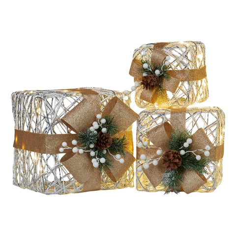 Christabelle 3 Piece Christmas Present Display Set with LED Lights & Gold Bows