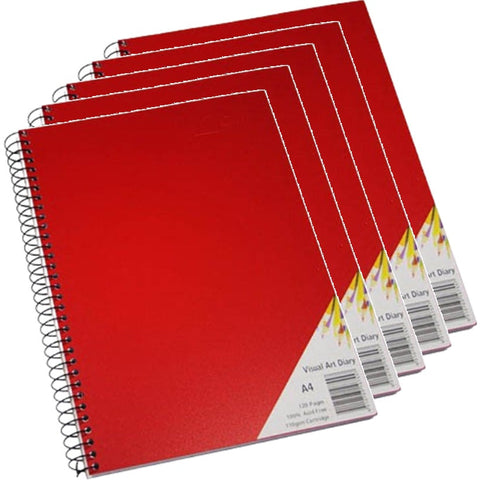Quill Visual Art Diary Book 110GSM 120 Page A4 PP Red 5 Pack