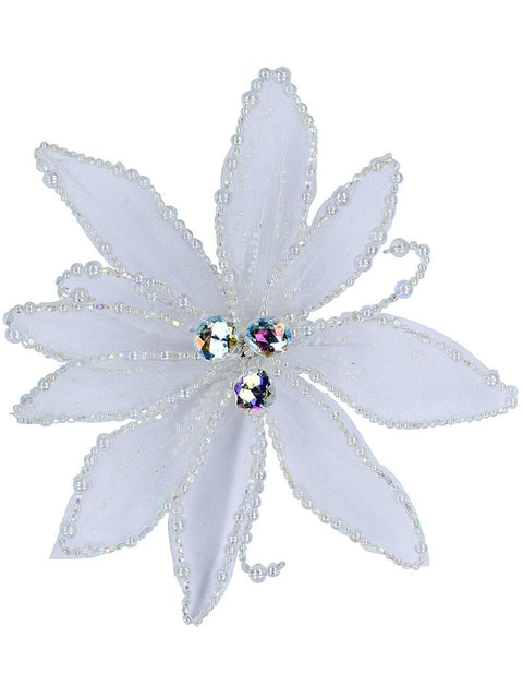 Christmas Warehouse - PICK2418 White Organza Decorated Poinsettia Christmas Tree Clip Pick | 24cm White with Iridescent & Pearl