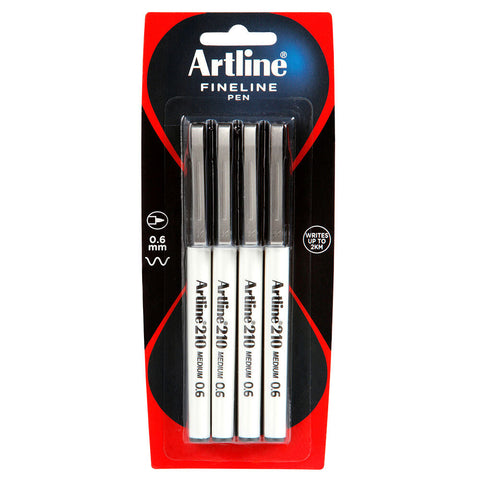 Artline 4pc Fineline 210 Medium 0.6mm Line School Drawing Writing Pen Black