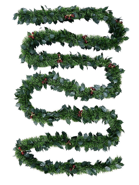Christmas Warehouse - TINP9934 Classic 8ply Holly & Red Berries Fir Christmas Tinsel Garland | 5m x 90mm Green with Red