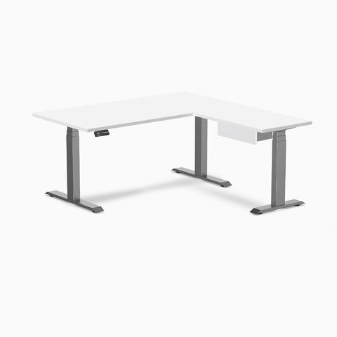 Desky Eco L-Shape Melamine Standing Desk With Drawer 150 x 155 cm White Top and Space Grey Leg