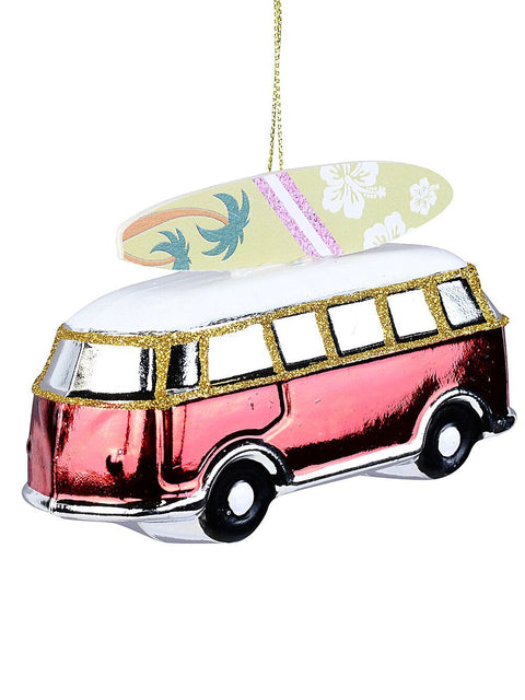 Christmas Warehouse - DECRH077 Red Vintage Surfboard Kombi Van Whimsical Essential Ornament | 13cm Red with Silver, White & Gold