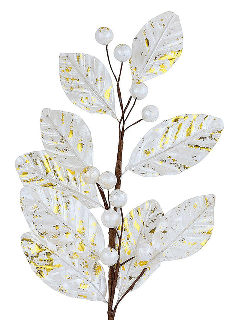 Christmas Warehouse - STEM2525 White & Gold Magnolia Leaf & Berry Spray Long Christmas Stem | 78cm White with Gold & Brown